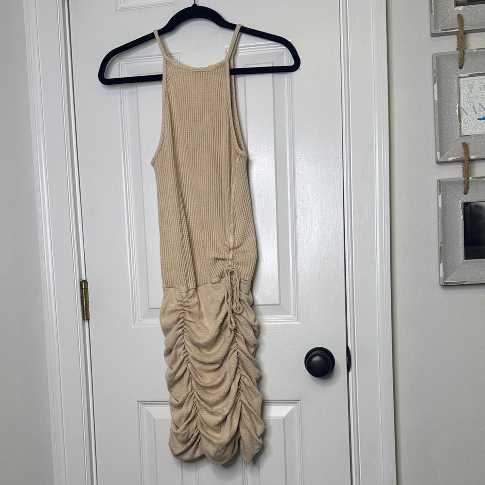 🤎 Free People FP One Ruched Knit Bodycon Dress S/P (Could fit up to large) Tan - Picture 3 of 8